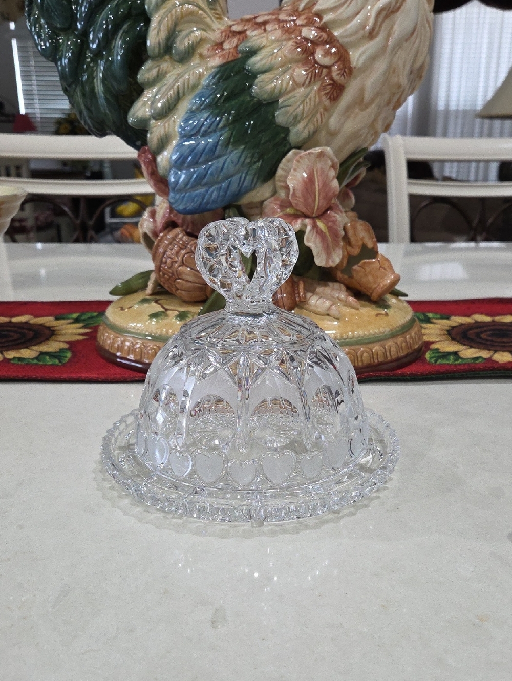 Pressed Clear Glass Butter Cheese and Egg Dome with Heart Knob
